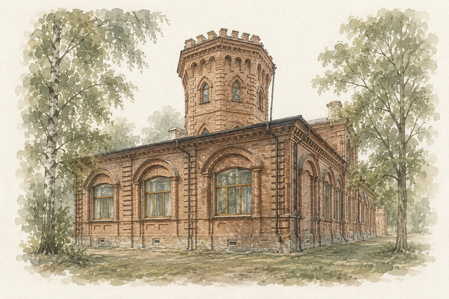 Акварельная иллюстрация усадьбы Граве-Приволье
